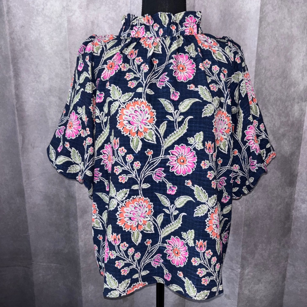 THML Anthropologie Navy Floral High Neck Ruffle Button Back Top Women's Large